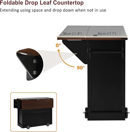 54" Farmhouse Kitchen Island Table with Drop Leaf, Power Outlet, Kitchen Storage Cart with 2 Doors, 2 Drawers, Rolling Kitchen Island on 4 Large Wheels with Spice Rack for Kitchen, Dining Room, Black