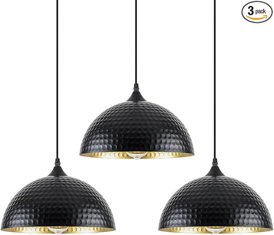 Black Pendant Lights Kitchen Island 3 Pack, 12 Inch Hammered Dome Pendant Light, Farmhouse Kitchen Pendant Lights, Industrial Hammered Pendant Light for Kitchen, Dining Room, Barn