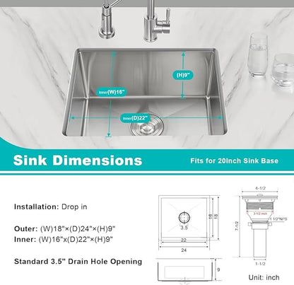 24 inch Undermount Kitchen Sink, 24 x 18 inch Single Bowl Stainless Steel Handmade Undermount Kitchen Sink with Sink Strainer, Brushed