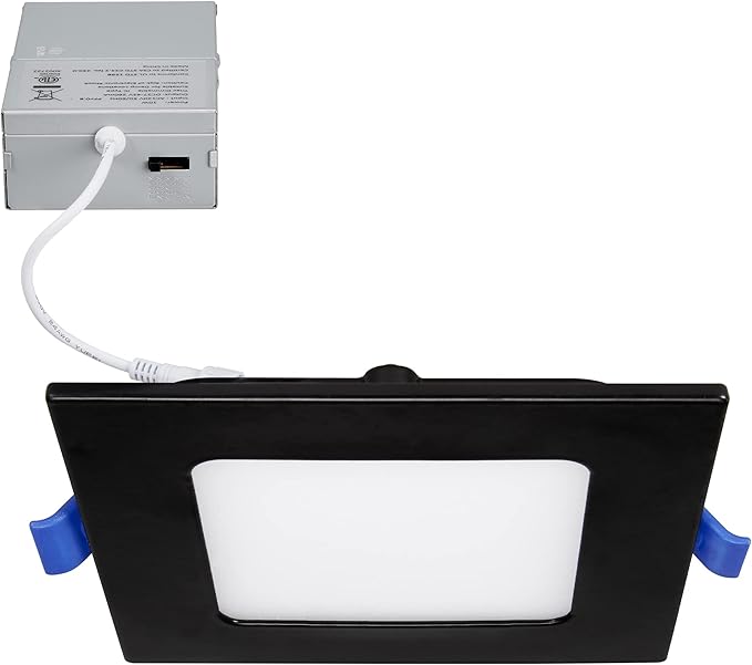 Maxxima 4 in. Square Ultra Thin Recessed LED Downlight - 5 CCT Color Selectable 2700K/3000K/3500K/4000K/5000K, 700 Lumens, Slim Black Trim, Dimmable Ceiling Fixture, Canless IC Rated, J-Box Included