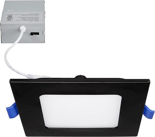 Maxxima 4 in. Square Ultra Thin Recessed LED Downlight - 5 CCT Color Selectable 2700K/3000K/3500K/4000K/5000K, 700 Lumens, Slim Black Trim, Dimmable Ceiling Fixture, Canless IC Rated, J-Box Included
