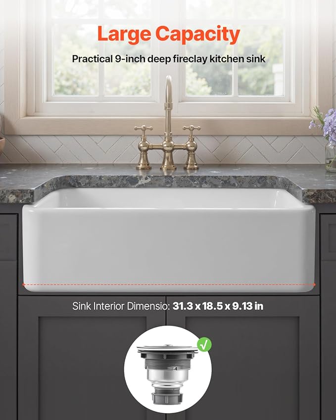 VEVOR 33x20 inch Farmhouse Sink, White Sink Workstation, Fireclay Undermount Basins, Apron Front Single Bowl Basin with Multiple Accessories, Large Capacity Household Dishwasher Sinks for Kitchen