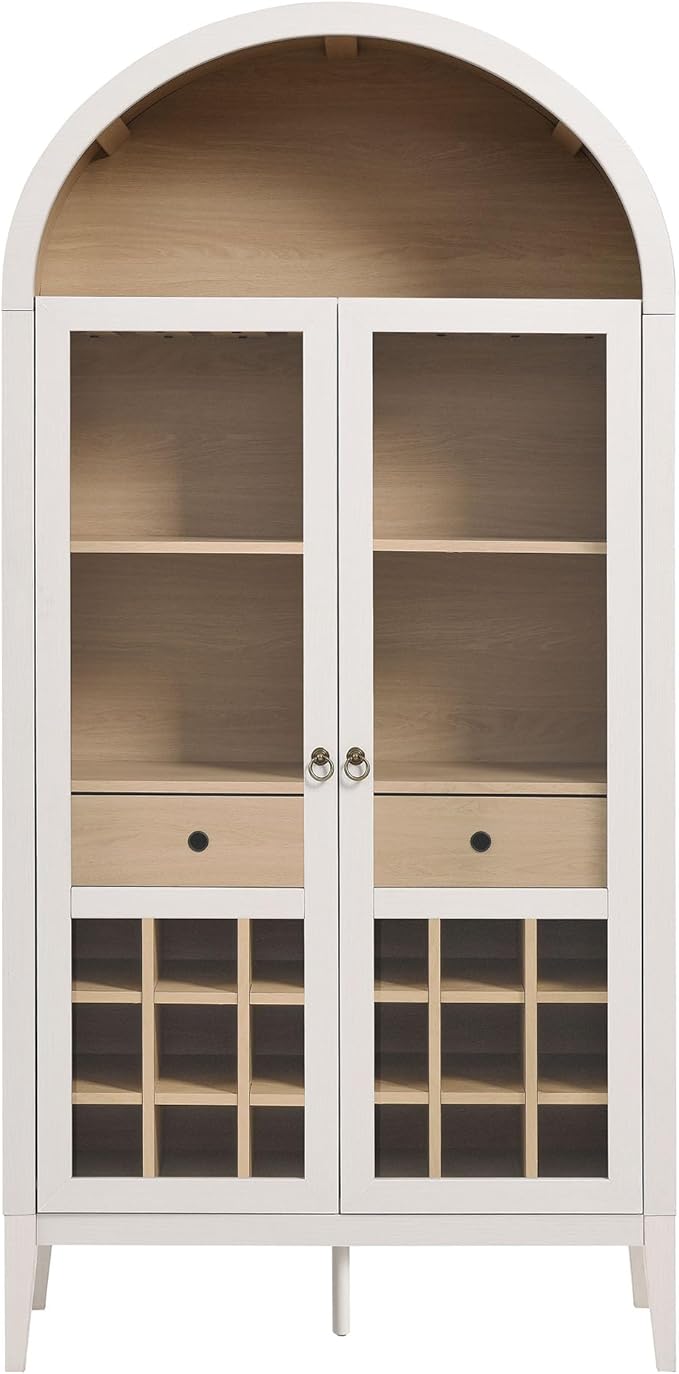 Modway Nolan Modern Farmhouse Arched Bar Cabinet in Ivory Wood Grain - 72 Inch Tall Wine Storage Cabinet with Glass Doors and Wine Rack - Large Liquor Cabinet for Dining or Living Room