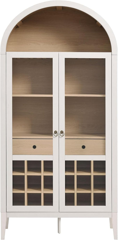 Modway Nolan Modern Farmhouse Arched Bar Cabinet in Ivory Wood Grain - 72 Inch Tall Wine Storage Cabinet with Glass Doors and Wine Rack - Large Liquor Cabinet for Dining or Living Room