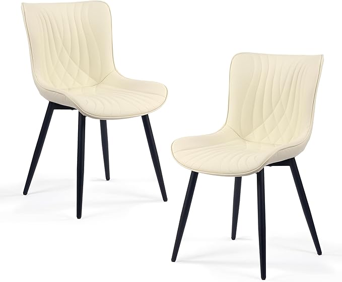 Kidol & Shellder Dining Chairs Set of 2, Mid Century Modern Kitchen Chairs with Black Metel Legs, PU Leather Upholstered Side Chair for Dining Room, Living Room, Lounge, Restaurant, Beige