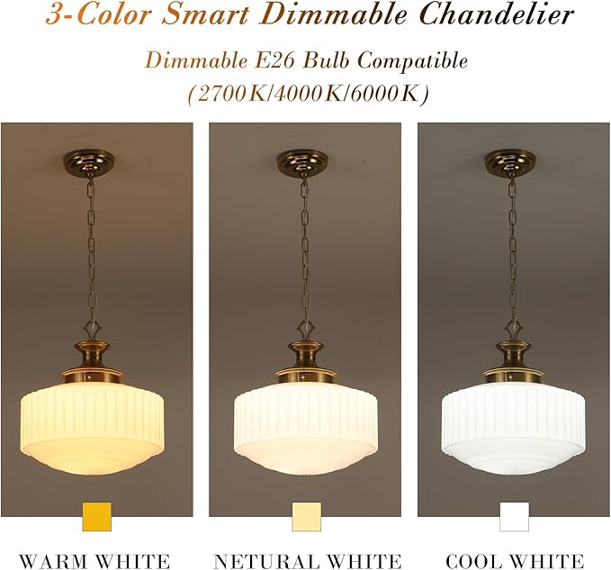 Vintage Schoolhouse Pendant Light 14" Milk Glass Pendant Light Farmhouse Brass Gold Chandelier Glass Pendant Light Fixture for Kitchen Island Lighting, Dining Room, Foyer