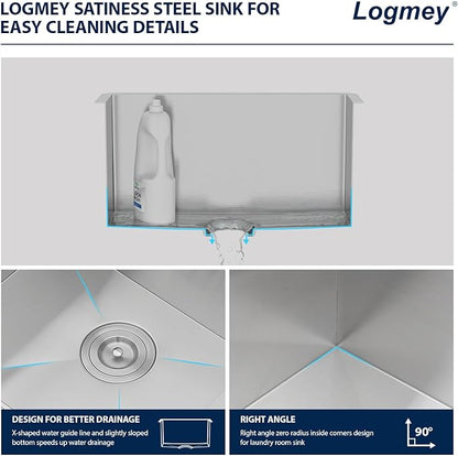 Logmey 24x18 Undermount Laundry Sink 24 Inch Laundry Room 12" Deep Sinks Handmade 16 Gauge Heavy Duty Stainless Steel Large Capacity Utility Washing Tub for Home & Commercial Use