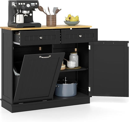 Giantex Tilt Out Trash Can Cabinet, Kitchen Island Table w/Solid Wood Top, 2 Drawers, Adjustable Shelf for Hidden Laundry Hamper, Pet Proof Garbage Can for Dining Living Room (Black, 14.5 Gal)