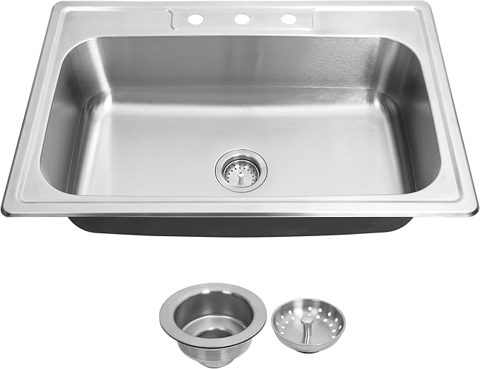 MILOSEN 33''x22'' Drop in Kitchen Sink, Topmount T304 Stainless Steel Sink with Three Holes, Single Bowl 9'' Deep Sinks with Strainer, Round Corner Large and Deep Sinks, Brushed Finish