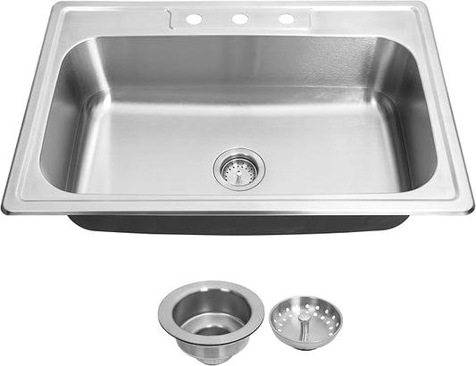 MILOSEN 33''x22'' Drop in Kitchen Sink, Topmount T304 Stainless Steel Sink with Three Holes, Single Bowl 9'' Deep Sinks with Strainer, Round Corner Large and Deep Sinks, Brushed Finish