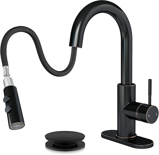 Fransiton Bathroom Faucets with Pull Down Sprayer, Bar Sink Faucet Single Hole for Kitchen Campers with Pop-Up Drain Hose, Suitable for Farmhouse Vanity Lavatory