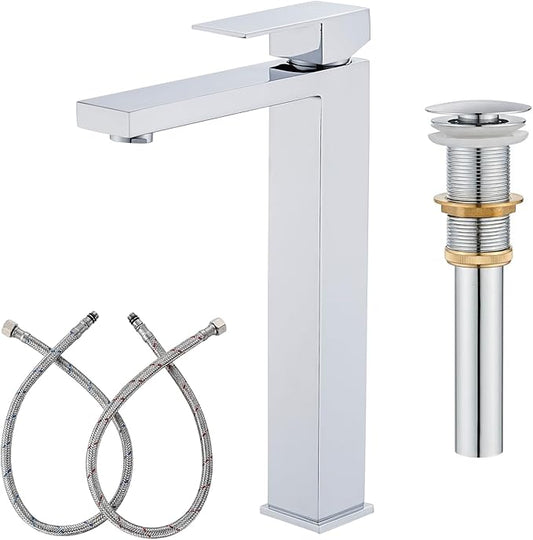AVSIILE Chrome Vessel Sink Faucet, 1 Hole Single Handle Tall Bathroom Vanity Faucets, Modern Utility Rv Laundry Bath Restroom Mixer Tap with Metal Pop Up Drain and 2 Water Supply Lines