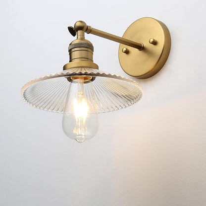 Industrial Vintage Wall Sconce 1-Light with Funnel Ribbed Clear Glass Shade, Indoor Wall Mounted Lamp Fixture for Living Room Bedroom Bathroom Over Kitchen Sink