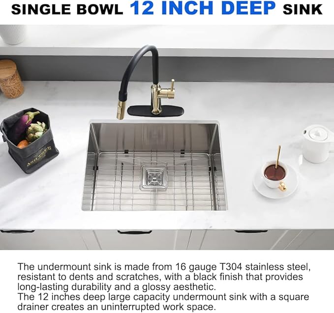 Undermount Laundry Sink, 24 x 19 x 12 Inch 16 Gauge Stainless Steel Deep Single Bowl Undermount Laundry and Utility Sink with Square Drainer