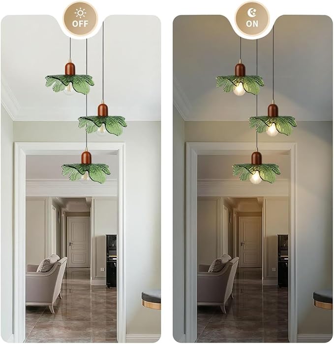 Art Deco Chandelier 3-Light Green Glass Pendant with Walnut Wood Base, Black Vintage Design, Adjustable Height Hanging Lamp for Dining Table, Living Room, Mid Century Inspired Lighting