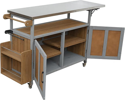 MERITLINE Foldable Outdoor Kitchen Island with Stainless Steel Top & Fir Wood Frame, Adjustable Hidden Shelf & Two-Tier Rack, Lockable Casters for Patio, Garden, Balcony, Espresso + Grey