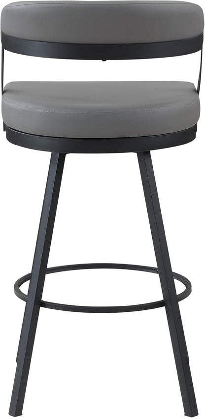 Lexicon Swivel Bar Stools Set of 2 - Bar Height Stools for Kitchen Island, Padded Seat, Open Back, Sturdy Black Metal Frame Finish and Grey Faux Leather Cushion Seat, Grey