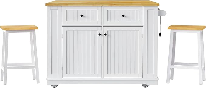 Ball & Cast Kitchen Island with 2 Bar Stools and Power Outlet,Rolling Kitchen Cart on 5 Wheels W/Drop Leaf&5 Open Side Racks,Kitchen Storage Cart W/Adjustable Shelf,for Kitchen,Dining Room,White,48"