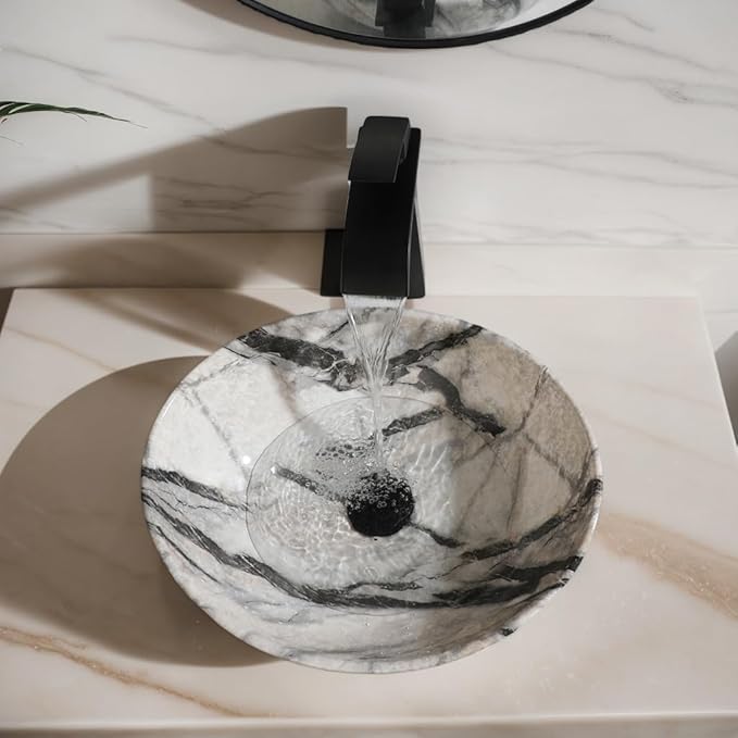 Oval Vessel Sink 16"x13" White Ceramic Bathroom Sink with Waterfall Faucet and Pop-up Drain Bowl Sink White Black Marble Bathroom Sinks Above Counter