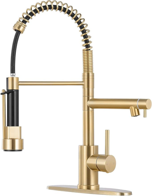 Kitchen Faucets with Pull Down Sprayer, Single Handle Double Headed, Stainless Steel Commercial Kitchen Sink Faucet with Deck Plate Cover, 1 or 3 Hole, Brush Gold