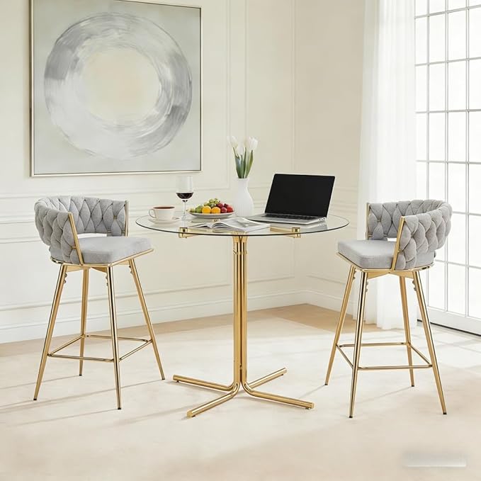 36" Round Counter Height Table, Tempered Glass Top with Gold Metal Base, Modern Pub Table for Kitchen, Bar & Small Spaces