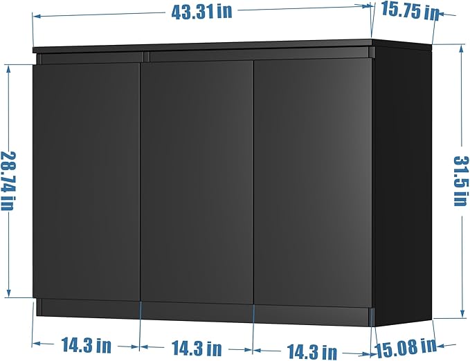 holzart 43" Black Buffet Cabinet Sideboard with Storage - Modern 3-Door Kitchen Cupboard & Coffee Bar Station for Dining Room, Living Room, Entryway - Adjustable Shelves, 43.3" W x 31.5" H
