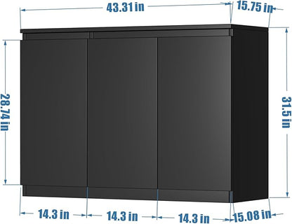 holzart 43" Black Buffet Cabinet Sideboard with Storage - Modern 3-Door Kitchen Cupboard & Coffee Bar Station for Dining Room, Living Room, Entryway - Adjustable Shelves, 43.3" W x 31.5" H