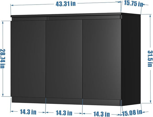 holzart 43" Black Buffet Cabinet Sideboard with Storage - Modern 3-Door Kitchen Cupboard & Coffee Bar Station for Dining Room, Living Room, Entryway - Adjustable Shelves, 43.3" W x 31.5" H