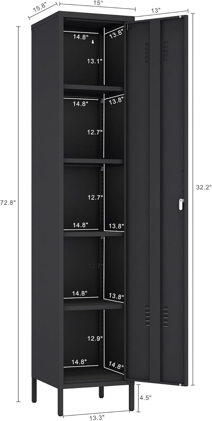 Manhattan Comfort Naomi 72.8'' Tall Storage Cabinet, Single Metal Locker with Lock, Adjustable Shelves, Vented Door & Floor Protectors, Modern Garage & Office Organizer, Black