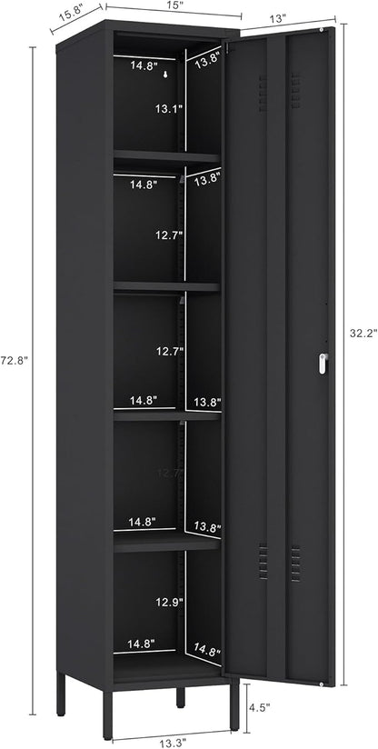 Manhattan Comfort Naomi 72.8'' Tall Storage Cabinet, Single Metal Locker with Lock, Adjustable Shelves, Vented Door & Floor Protectors, Modern Garage & Office Organizer, Black