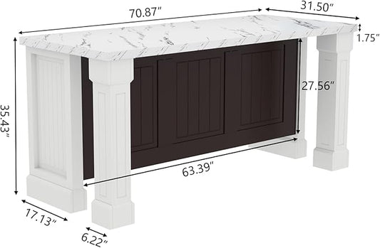 Gyfimoie 71" Large Imitation Marble Dining Table with Roman Column,36" H Island Table with Charging Station,Mordern Kitchen Island,Home Bar Unit for Home Kitchen, Living Room, Balcony, Basement