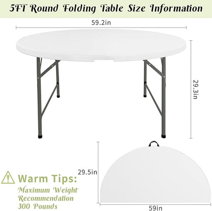 Fivenl 5 FT Round Folding Tables White Foldable Table, Fold-in-Half with Carrying Handle Portable Plastic Table for Party, Dining, Wedding, Camping, Picnic, Indoor Outdoor Events