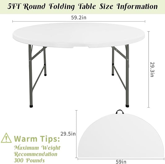 Fivenl 5 FT Round Folding Tables White Foldable Table, Fold-in-Half with Carrying Handle Portable Plastic Table for Party, Dining, Wedding, Camping, Picnic, Indoor Outdoor Events