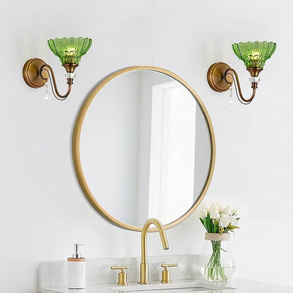 1 Piece Vintage Wall Sconce, 1-Light Matte Antique Brass Finish Wall Sconce with Hanging Crystal Accents and Flower-Shaped Green Shades for Bathroom Bedroom Living Room,Vintage Vanity Light
