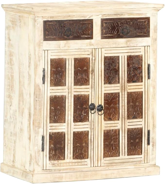 White Sideboard, Solid Mango Wood, Hand Carved Brown Patterns, 2 Doors, 2 Drawers, 29.5 in Tall Buffet Cabinet for Dining Room, Entryway Kitchen Furniture