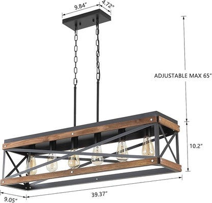 Rustic Farmhouse Wood Kitchen Island Lighting, 6 Lights Rectangular Pendant Light Fixture, Adjustable Chain Oak Wood and Metal Linear Chandelier for Dining Room Kitchen Island Farmhouse, Black