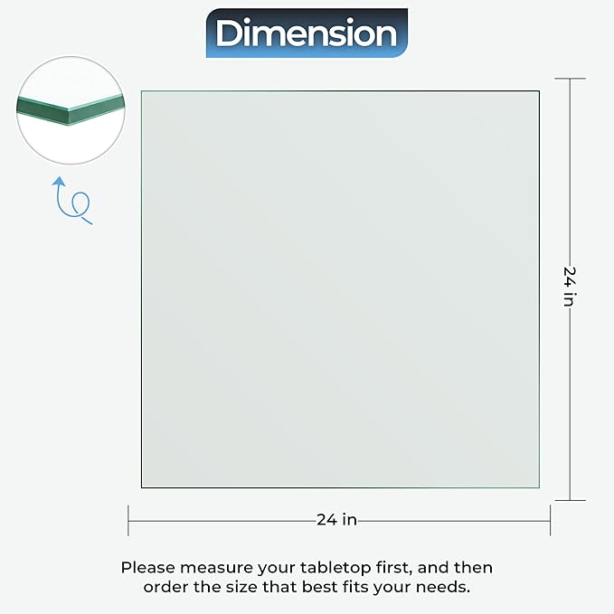 STONELITE FURNITURE 24" inch Square Tempered Glass Table Top - 1/4 inch Thickness & Flat Polished Edge - Clear Surface & Scratch Resistant - Ideal for Dining Room, Kitchen, Patio & Coffee Tables
