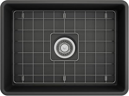 BOCCHI Classico Farmhouse Apron Front Fireclay 24 in. Single Bowl Kitchen Sink with Protective Bottom Grid and Strainer in M.Dark Gray