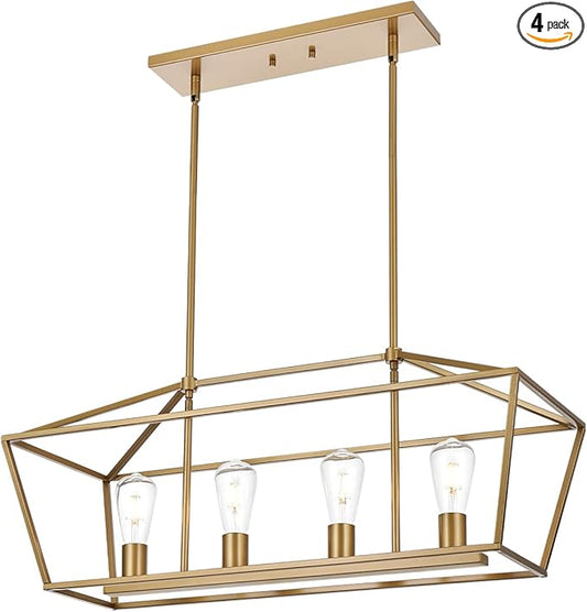 BONLICHT Modern 4 Light Farmhouse Chandelier Gold Linear Kitchen Island Pendant Light Traditional Rectangular Dining Room Lighting Fixture Hanging Metal Cage Pendant Lamp for Hallway Foyer