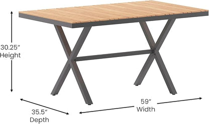 Flash Furniture Finch Commercial Grade X-Frame Outdoor Dining Table 59" x 35.5" with Faux Teak Poly Slats and Metal Frame, Natural/Gray