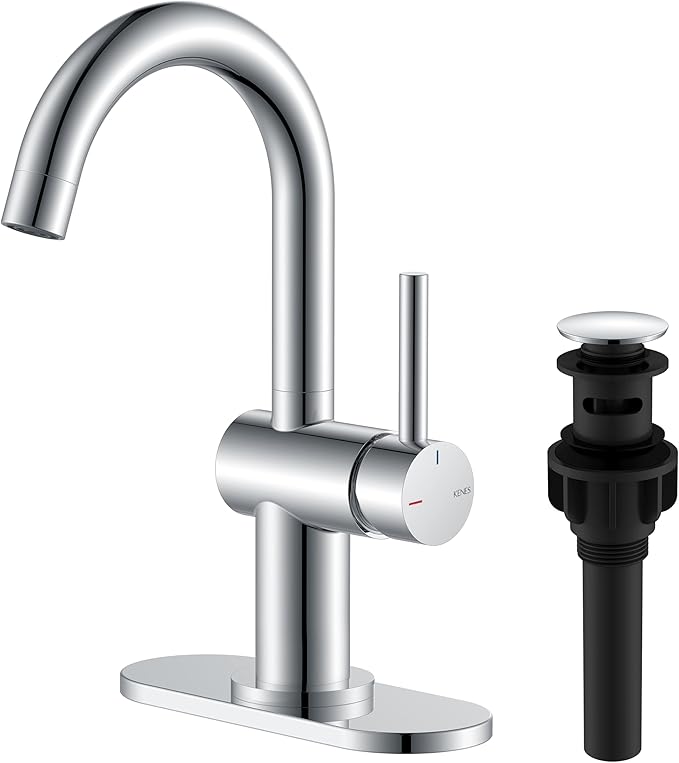 KENES Polished Chrome Bathroom Faucets Single Handle Modern Prep Wet Bar Sink Faucets Bathroom Sink Faucet with Drain Assembly & Deck Plate, Farmhouse RV Camper Outdoor Utility Faucet, KE-9005B-5