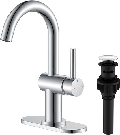 KENES Polished Chrome Bathroom Faucets Single Handle Modern Prep Wet Bar Sink Faucets Bathroom Sink Faucet with Drain Assembly & Deck Plate, Farmhouse RV Camper Outdoor Utility Faucet, KE-9005B-5
