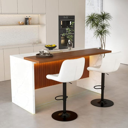 63 Inch Kitchen Island with 4 Deep Brown Bar Stools – White Marble Countertop, Integrated LED Lighting & Grille Design, Multi-Functional Breakfast Bar for Dining Rooms, (White+2beige)