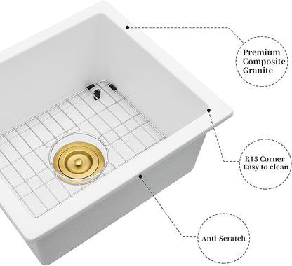 MILOSEN White Undermount Bar Sink, 15×17 Inch Small White Wet Bar or Prep Sink, 9 Inch Deep Granite Composite Outdoor Single Bowl Basin with Accessories, Small Quartz Sinks