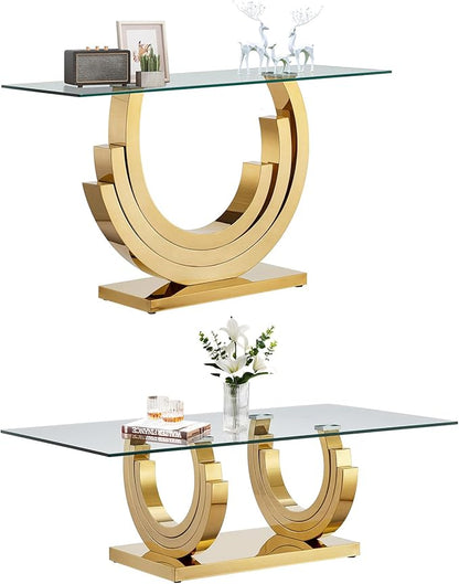 HomVent Glass Coffee Table Set of 2, 1 Console Table Living Room Set, 2 Piece Modern Gold Tempered Glass Top Side Tables Bedroom Set of 2 Rectangle Dinner Bedside Eating Sets for Living Room Bedroom
