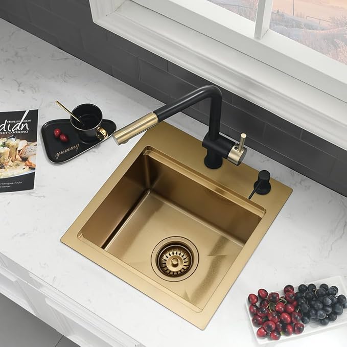 15 Inch Gold Bar Sink Drop In-VASOYO 15x15 Small Kitchen Sink Drop In Bar Sinks Wet Prep 16 Gauge Gold Stainless Steel Outdoor Rv sinks Single Bowl Deep Kitchen Basin with Cutting Board