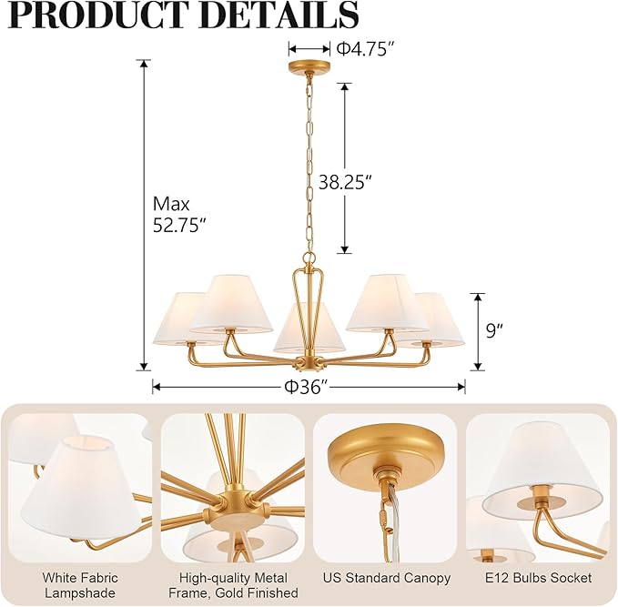 VILUXY Modern Gold Chandelier 5-Light Farmhouse Chandelier with White Fabric Shade 35’’ Large Dining Room Light Fixture Adjustable Pendant Lighting for Kitchen Island Living Room, UL Listed