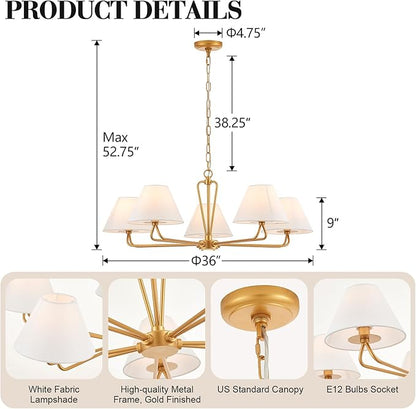 VILUXY Modern Gold Chandelier 5-Light Farmhouse Chandelier with White Fabric Shade 35’’ Large Dining Room Light Fixture Adjustable Pendant Lighting for Kitchen Island Living Room, UL Listed