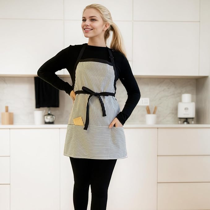 Kitchen Apron with 3 Pocket, Adjustable Server Apron, Waitress Apron with Pockets Stripes