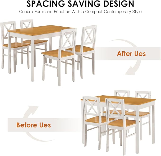 Majnesvon 5 Piece Dining Table Set for 4, Farmhouse Kitchen Table Set with Chairs, Wood Dining Table Chair for Kitchen, Restaurant, Apartment (Ancient White)